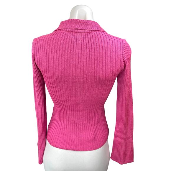 ASOS Design Pink Ribbed Knit Collared Button Down Cardigan Sweater Top Size 2 - Picture 2 of 4